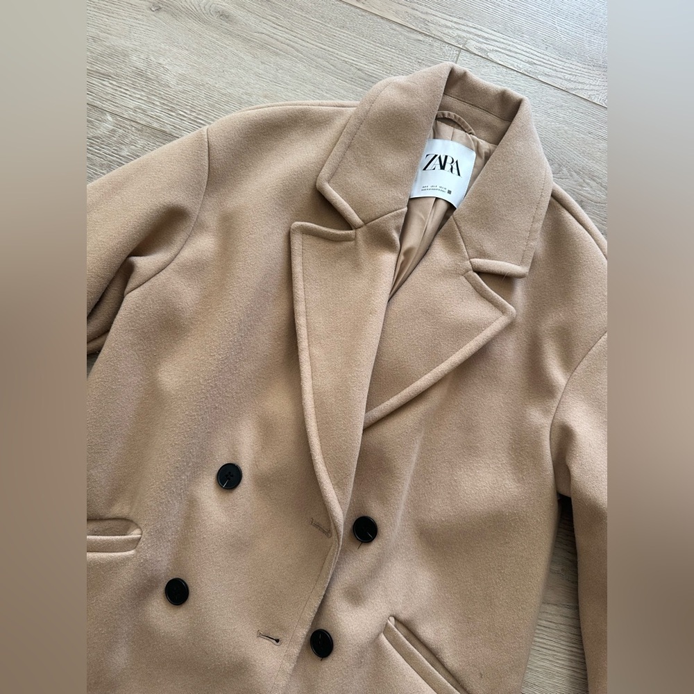 Zara Camel Brown Long Button Double Breasted Oversized Coat Size Small - Picture 3 of 7